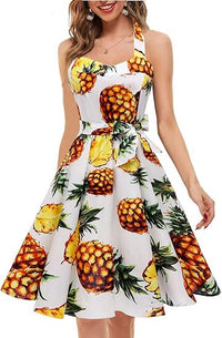 Womens Neck-Hanging Tube Top Sleeveless Printed Retro Maxi Dress