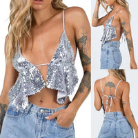 Women's V-neck Lace Up Beaded Backless Camisole Vest