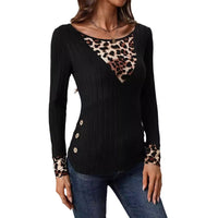 New Autumn And Winter Round Neck Leopard Splicing Knitted Top