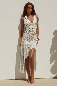 Lace Up Sexy Halterneck Polka Dot Pleated Top And Skirt Set