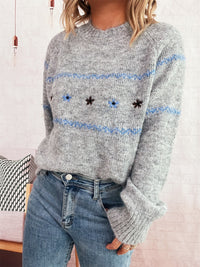 Cute Flowers Embroidery Contrast Color Knitted Pullover For Women