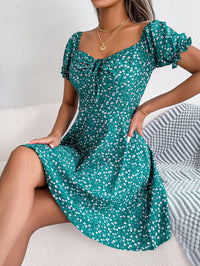 Women   Casual Bell Sleeve Drawstring Tie Flowy Floral Print Dress