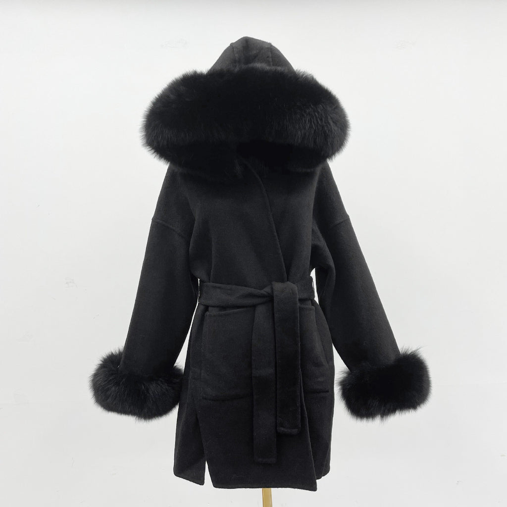 Oversized Fur Collar Hood Double-sided Woolen Coat