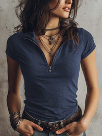 Womens Knitted Fabric Elegant Zip-Neck Short-Sleeve Top