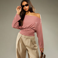 Women's Elegant Fashionable Striped Off-Shoulder Casual Top