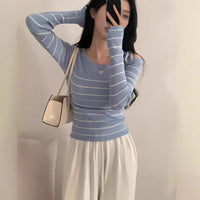 Casual Diagonal Collar Off-the-shoulder Strap Striped Color Matching Sweater Top