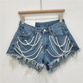 Denim Shorts Women's Summer High Waist Slimming Rhinestone Fringed Burr