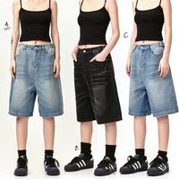 American Retro Denim Cropped Pants Washed Cat Beard Pattern