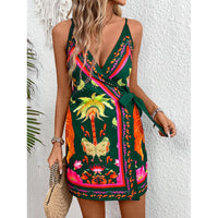 Summer Tropical Print Sleeveless Spaghetti-Strap Lace-Up Dress