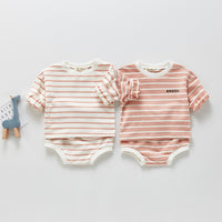 Treasure Long-sleeved Striped Top And Shorts Two-piece Set