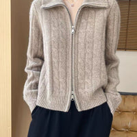Womens Twist-Open Cardigan With Double Zippers And Lapel Collar