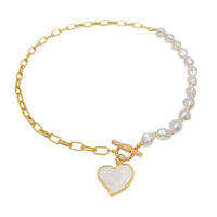 Womens Metallic Spliced Asymmetric Heart Pearl Necklace