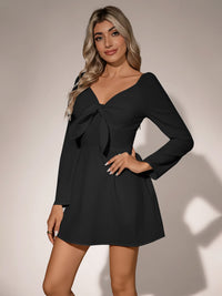 Womens Long-sleeve Dress With A V-neck And A Bow Tie At The Front