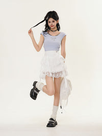 French Retro White Sweet Lace Pleated Skirt