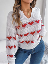 Women Casual V-Neck Lantern Sleeve Color Block Heart Pullover Sweater