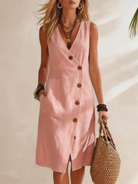 Resort-style V-neck Sleeveless Asymmetrical-button Midi Dress