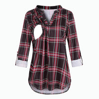 Plaid Printed Pregnant Woman Breastfeeding V-neck Long Sleeve Top
