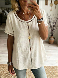 Women's Spring Summer Comfortable Casual Patchwork Hollowed-Out Trim Top T-Shirt