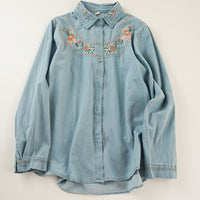 Embroidered Washed Denim Long-Sleeve Shirt Womens Single-Breasted Top