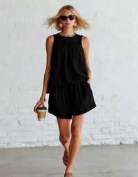 Womens Fashionable Retro Cotton-Linen Sleeveless Top And Wide-Leg Shorts Set