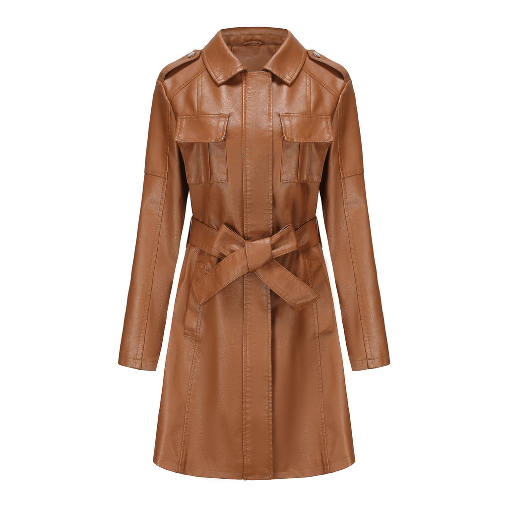 New European And American-style Mid-length Leather Coat With Belt Fashion British Coat For Women