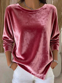 Womens Round-Neck Velvet Solid-Color Long-Sleeve Blouse
