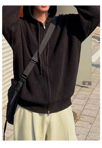 Mens AutumnWinter Knitted Sweater Jacket With Double Zippers And A Hood