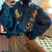 Women's Cat Embroidered Retro Denim Shirt Coat