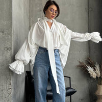 Niche V-neck Lace-up Solid Color Flare Sleeve Shirt Top