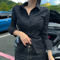 Elegant Gray Design Shirt With Long Sleeves A Turn-down Collar And A Side Slit