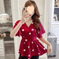 Women's Casual Polka Dot Graceful Collar Lace-up Waist Trimming Shirt