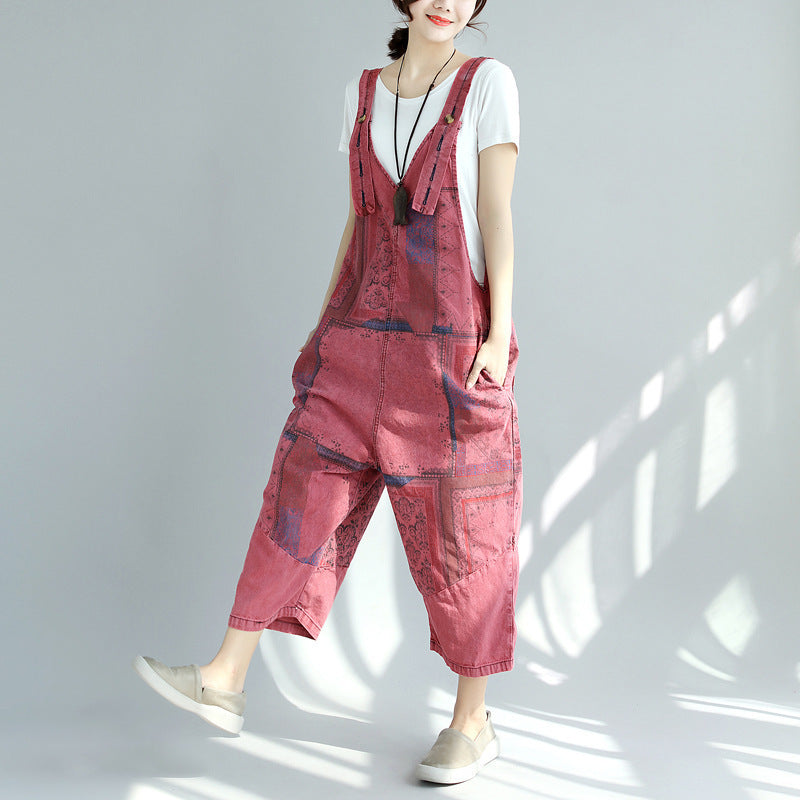 Printed Worn Looking Washed-out Big Crotch Ninth Plus Size Stitching Denim Suspender Pants