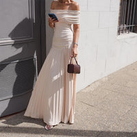 Off-shoulder Boat-neckline Figure-hugging Pleated Tube Dress