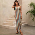 Womens Fashion Color-Embroidered Striped Knitted Slip Dress