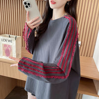 Solid Color Stitching Lace Lacework Round-neck T-shirt Women's Brushed Top