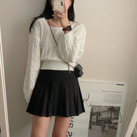 Cable-knit Sweater Lantern Sleeve Solid Color Square Collar Pullover Sweater