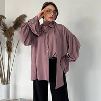 Niche V-neck Lace-up Solid Color Flare Sleeve Shirt Top
