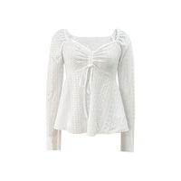 Winter New Elegant Women Solid Color U-neck Spliced Tie Lace Long Sleeve Top