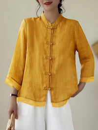 Chinese-style Patchwork Button-Placket Cropped-Sleeve Loose-fit Retro Chinese-style Shirt