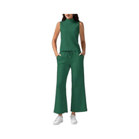 Turtleneck Slim-Fit Solid-Color Loungewear Cropped Pants Set With Drawstring