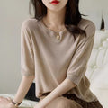 Comfortable Eco-friendly And Extra Cool Linen-colored Artistic Set-in-shoulder Pullover Knit Top