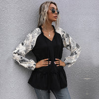 European And American Casual Top Loose-fit Patchwork Long-sleeve V-neck