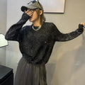 Bead Yarn Rhombus Jacquard Crew Neck Pullover Sweater