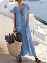 Casual V Neck Lace Up Solid Color Womens Dress