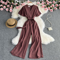 Retro Fashionable Temperament V-neck Short-sleeved Waist Jumpsuit