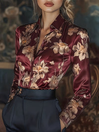 Womens Retro Printed Satin Long-Sleeve Shirt