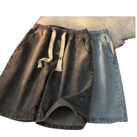 Men's Hong Kong Style Distressed Loose Elastic Waist Denim Shorts