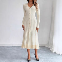Women's Waist-Cinching Vintage Button Knit Dress