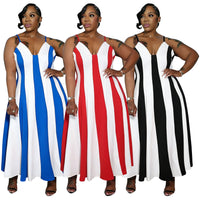 Strap V-neck Striped Backless Patchwork Dress For Women