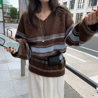 V-neck Layered Striped Brushed Lazy Style Versatile Knit Sweater Women